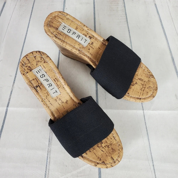 Esprit Platform Wedge Slides Cork Sole Size 38/39 Black Stretch Band - Picture 3 of 15